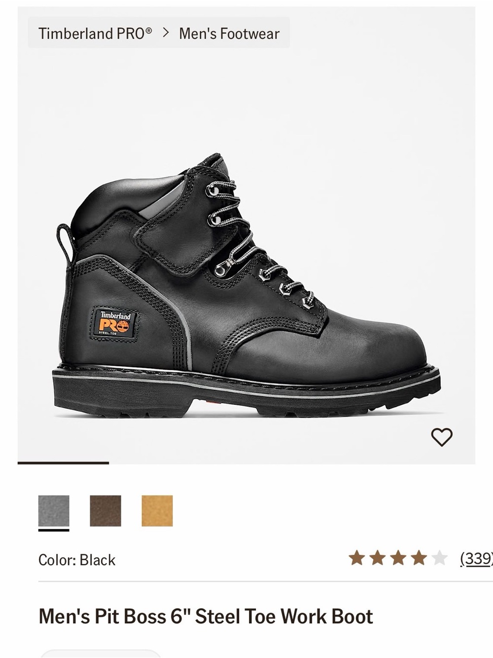 Timberland PRO Black Men's 6" Steel Toe Work Boot
